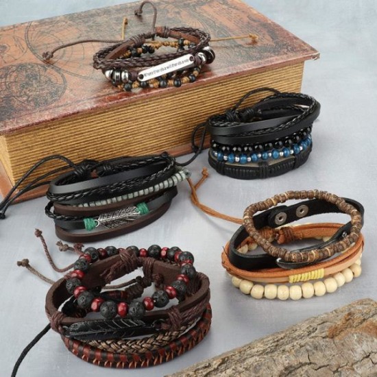 31Pcs Braided Leather Bracelets For Men Women Wooden Beaded Wrist Woven Cuff Wrap Bracelet Set Adjustable